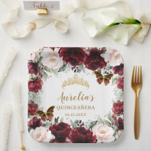 Assiettes En Carton Burgundy Blush Floral Quinceañera papillon de la C