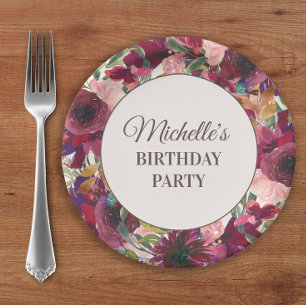 Assiettes En Carton Burgundy Blush rose Floral fête d'anniversaire