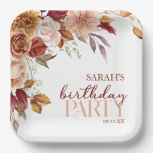 Assiettes En Carton Burgundy Burange Floral fête d'anniversaire