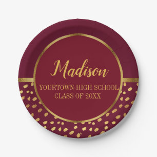 Assiettes En Carton Burgundy et Gold Graduation Party