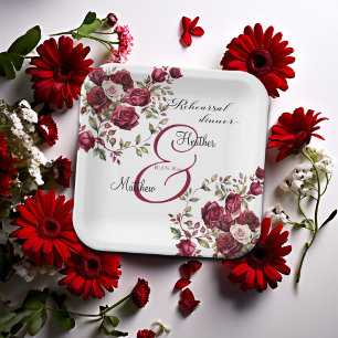 Assiettes En Carton Burgundy Floral Moderne "Dîner de répétition" Mari
