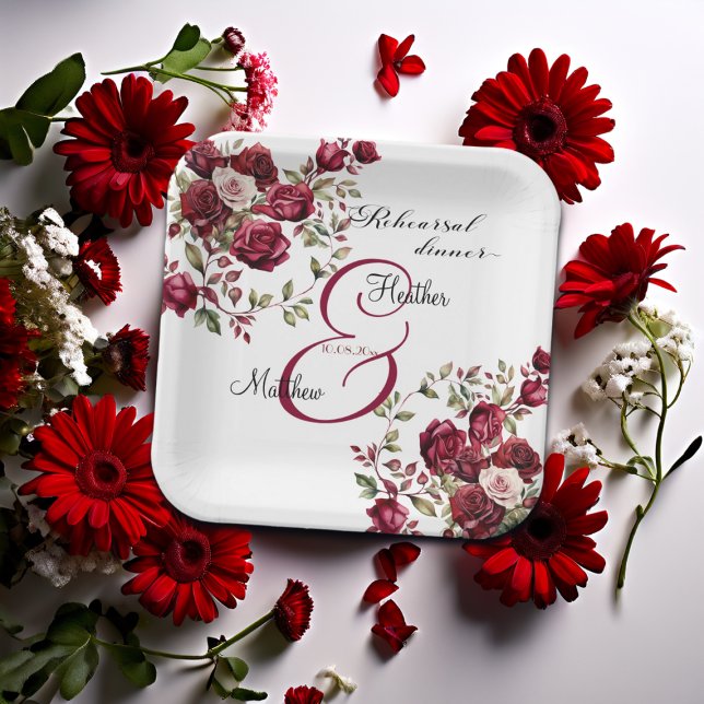 Assiettes En Carton Burgundy Floral Moderne "Dîner de répétition" Mari (Créateur téléchargé)