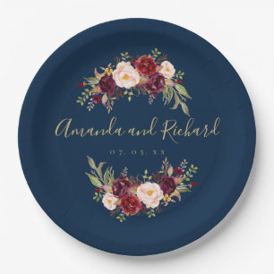 Assiettes En Carton Burgundy Floral Navy Blue Gold Engagement Party
