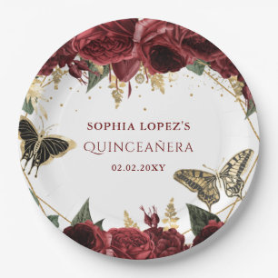 Assiettes En Carton Burgundy Gold Floral Papillons Quinceanera