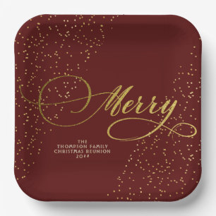 Assiettes En Carton Burgundy Gold Script Merry Bright Famille Noël