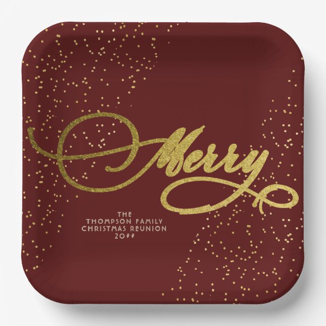 Assiettes En Carton Burgundy Gold Script Merry Bright Famille Noël (Recto)
