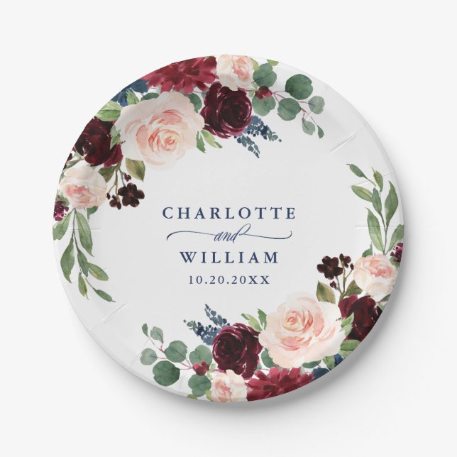 Assiettes En Carton Burgundy Navy Blue Blush Floral Rustic Mariage (Devant)