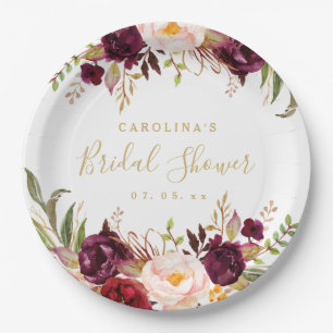 Assiettes En Carton Burgundy Rouge Floral Fête des mariées Rustique