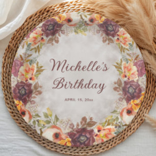 Assiettes En Carton Burgundy Rouille Orange Fleur Femme Anniversaire 