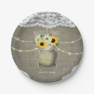 Assiettes En Carton Burlap Dentelle Tournesols et marguerites Mason Ja