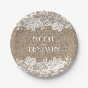 Assiettes En Carton Burlap et dentelle Floral Mariage élégant