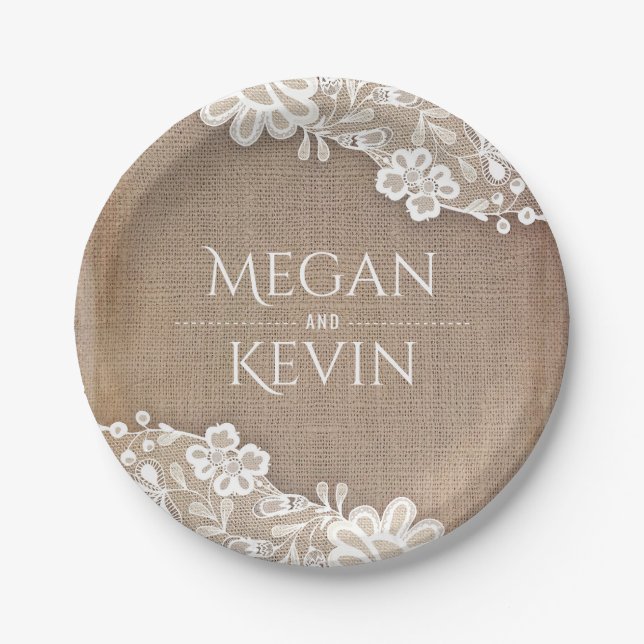 Assiettes En Carton Burlap et dentelle Mariage campagnard rustique (Devant)