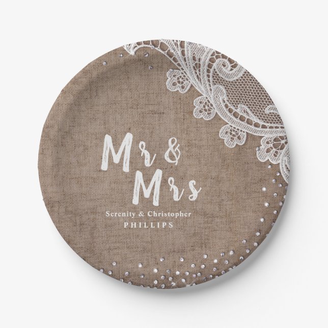 Assiettes En Carton Burlap Lace argent parties scintillant M & Mme mar (Devant)