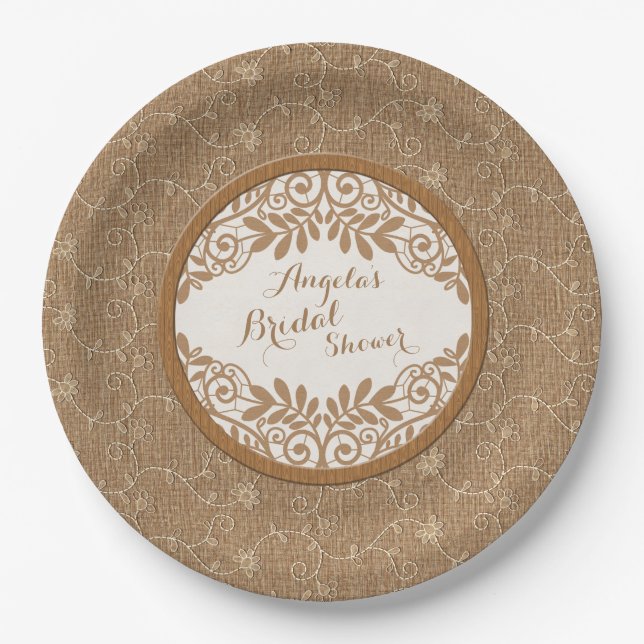Assiettes En Carton Burlap Lace Wood Rustic Mariage Fête des mariées (Devant)