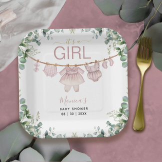 Assiettes En Carton C’est une fille rose Boho Vêtements Baby shower de