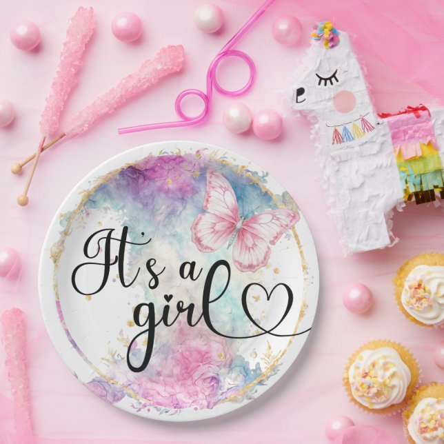 Assiettes En Carton C’est une fille Rose couleur Papillon (Fête)