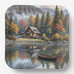 Assiettes En Carton Cabine de grumes de montagne avec bateau à roues s