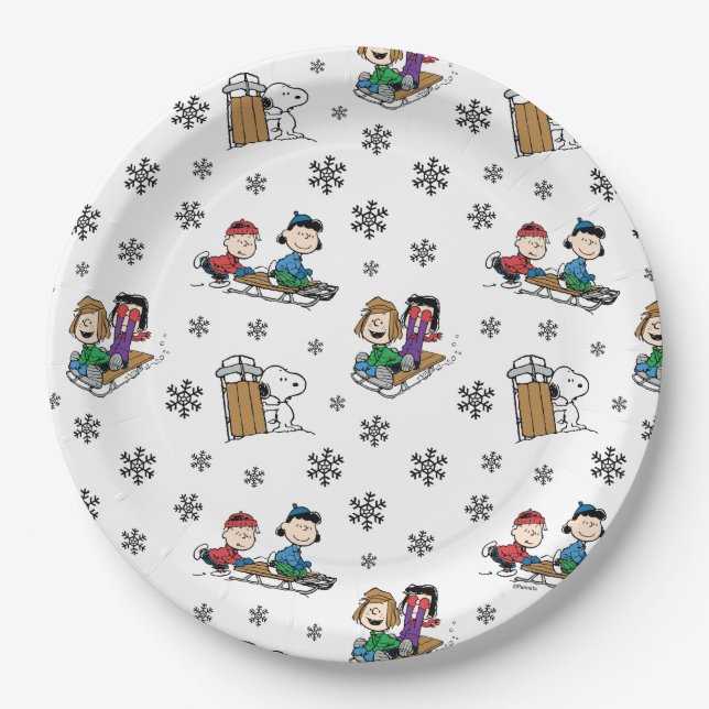 Assiettes En Carton cacahuètes | Hiver Sledding Fun Motif (Devant)