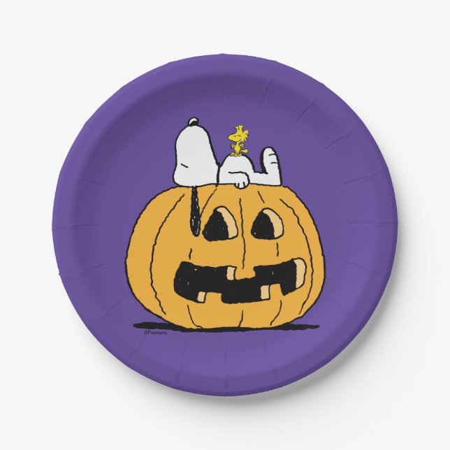 Assiettes En Carton cacahuètes | Snoopy et Woodstock Jack-O-Lantern (Devant)