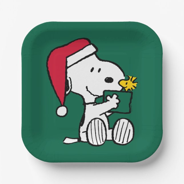 Assiettes En Carton cacahuètes | Snoopy Père Noël & Woodstock Cadeau (Recto)