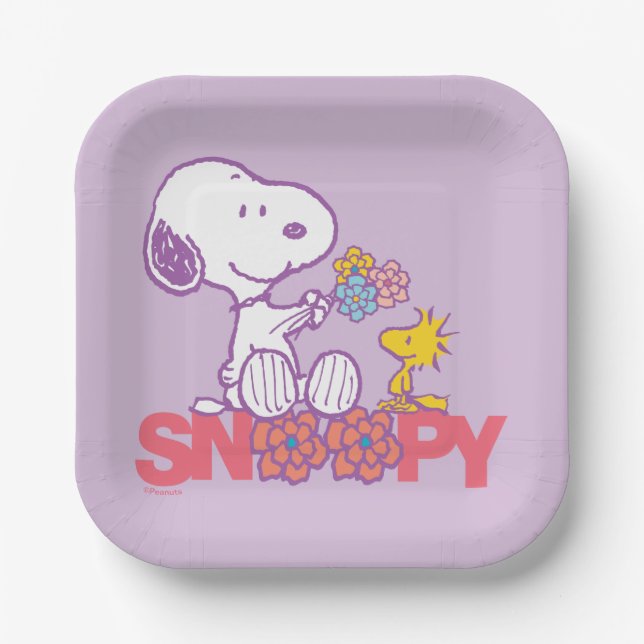 Assiettes En Carton cacahuètes | Snoopy & Woodstock Flowers (Recto)