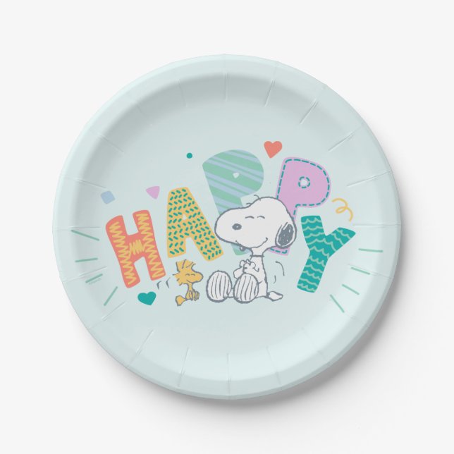 Assiettes En Carton cacahuètes | Snoopy & Woodstock Happy (Devant)