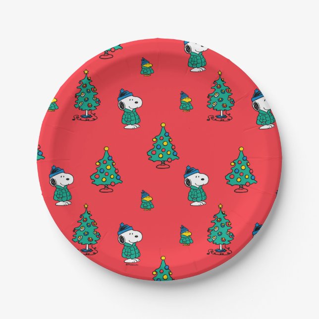 Assiettes En Carton cacahuètes | Snoopy & Woodstock Motif de Noël roug (Devant)
