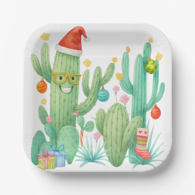 Assiettes En Carton Cactus de Noël Festif avec chapeau et ornement (Recto)