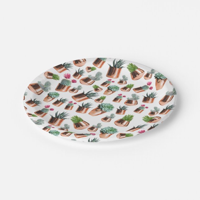 Assiettes En Carton Cactus et succulents dans des pots d'or Roses (Angle)