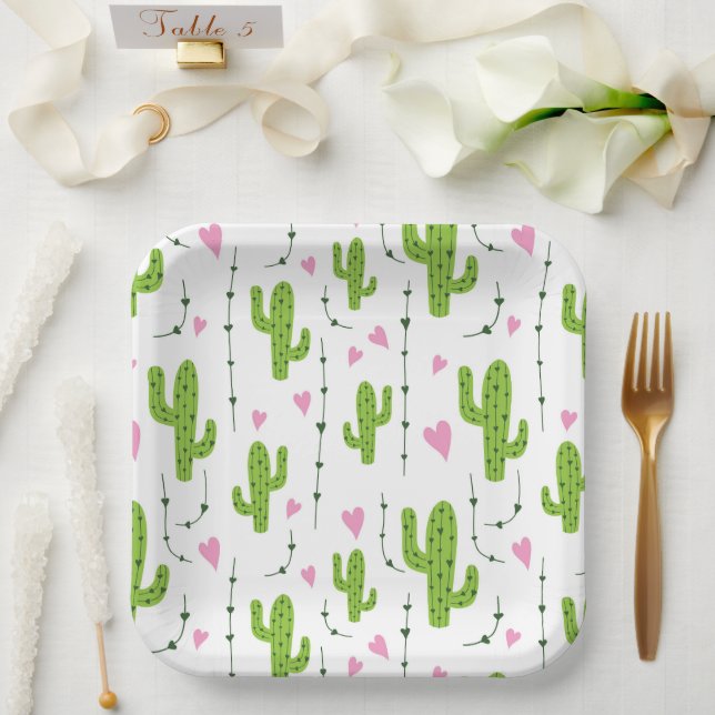 Assiettes En Carton Cactus mignons avec le coeur en vert (Mariage)