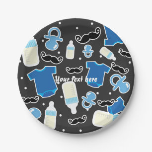 Assiettes En Carton Cadeaux Baby Shower Garçon Bleu & Gris Moderne