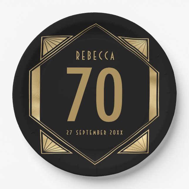 Assiettes En Carton Cadre Art déco 70e anniversaire Nom Date (Devant)