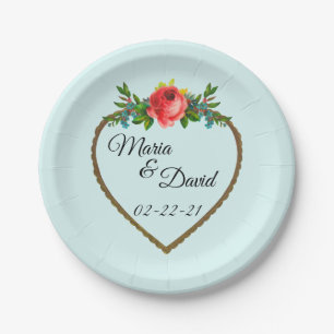 Assiettes En Carton Cadre Coeur avec Rose Aquarelle