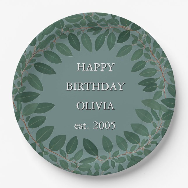 Assiettes En Carton Cadre d'eucalyptus texte personnalisé - bleu rétro (Devant)