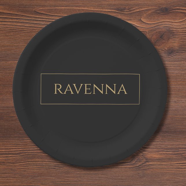 Assiettes En Carton Cadre doré Nom personnalisé Luxe Noir Profond (Créateur téléchargé)