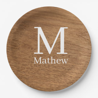 Assiettes En Carton cadre en bois marron motif monogramme nom rustique