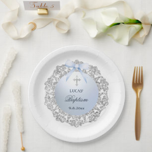 Assiettes En Carton Cadre Pailleté Argent Ruban Bleu Baptême