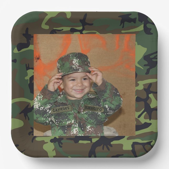Assiettes En Carton Cadre photo Camo Vert Plaque papier d'anniversaire (Recto)