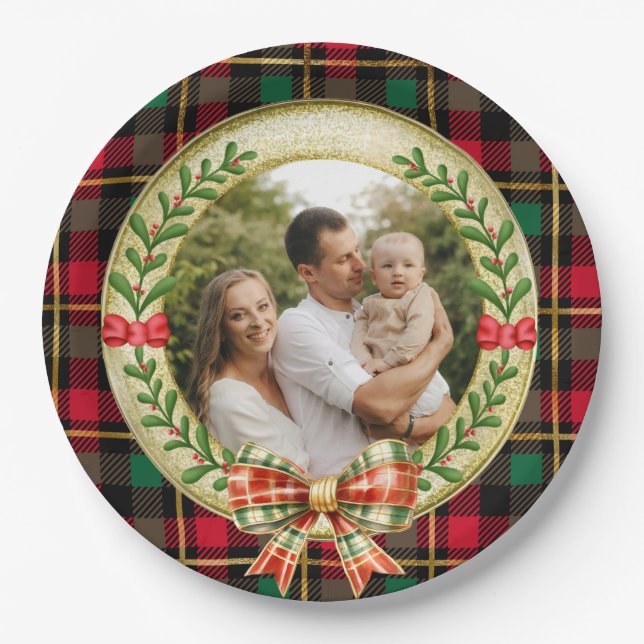 Assiettes En Carton Cadre photo personnalisé et couronne de Noël (Devant)