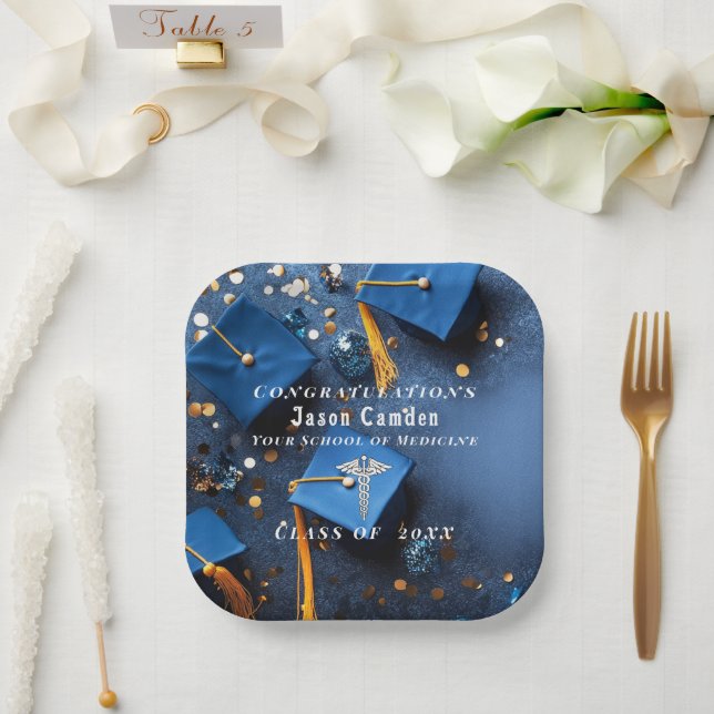 Assiettes En Carton Caduceus Elegant Gold White Navy Blue Graduation (Mariage)