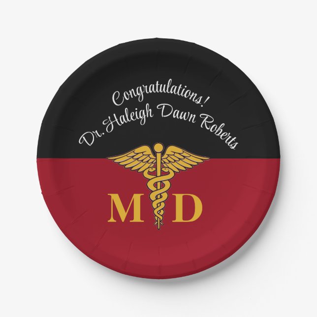 Assiettes En Carton Caduceus Red & Black Médicale School Graduation (Devant)