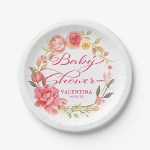 Assiettes En Carton Calligraphie florale rose Baby shower fille