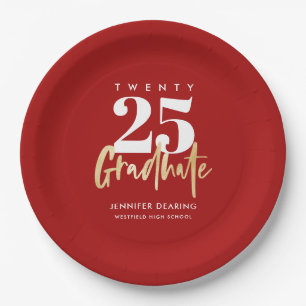 Assiettes En Carton Calligraphie Or moderne Graduation Rouge