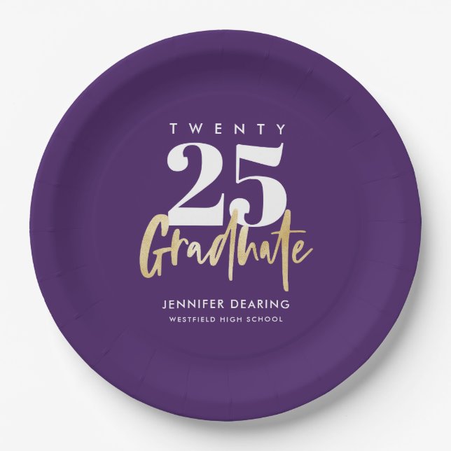 Assiettes En Carton Calligraphie Or Moderne Purple Graduation (Devant)