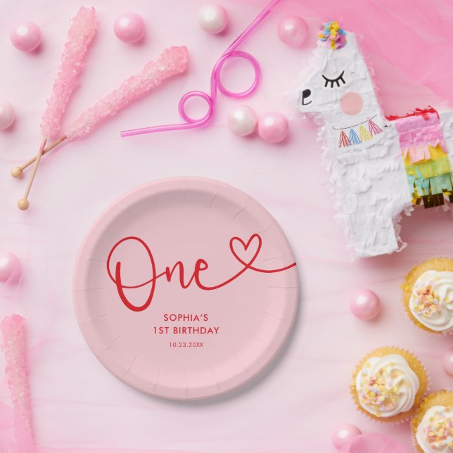 Assiettes En Carton Calligraphie rose rouge 1er anniversaire (Fête)