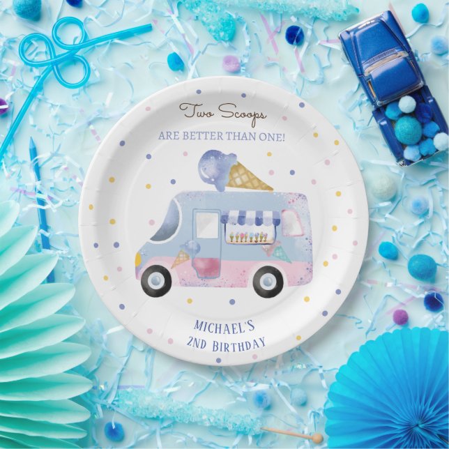 Assiettes En Carton Camion crème glacée 2 scoops deuxième anniversaire (Fête)