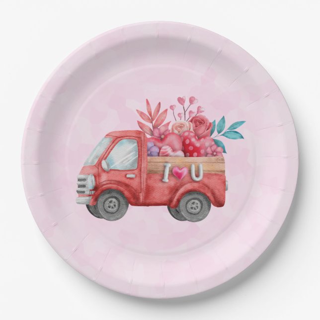 Assiettes En Carton Camion d'amour mignon avec Coeur Cargo Aquarelle (Devant)