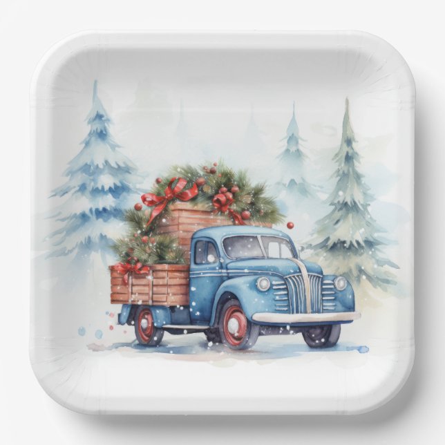 Assiettes En Carton Camion de Noël bleu rétro (Recto)