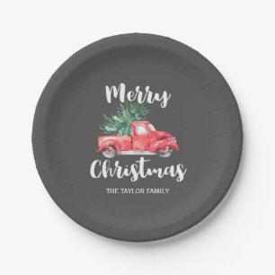 Assiettes En Carton Camion rouge et fête de Noël grise de l'arbre  