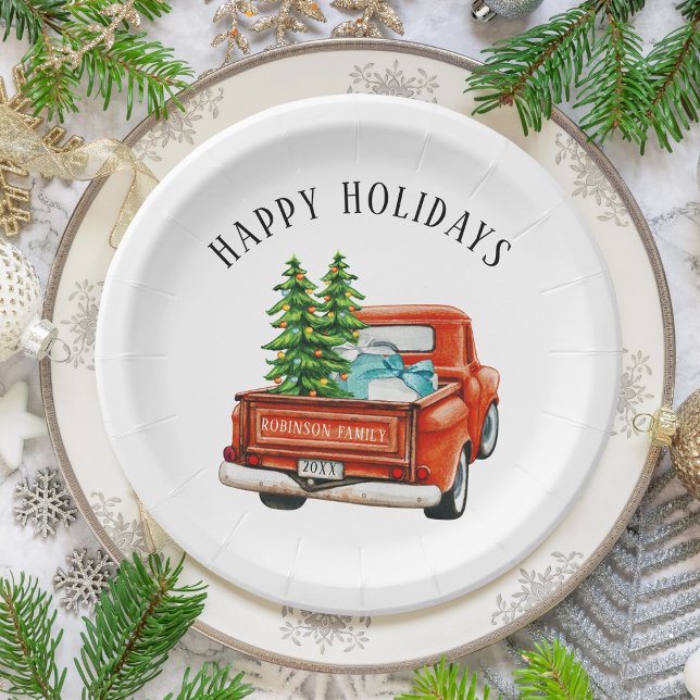 Assiettes En Carton Camion rouge rustique Joyeux Noël Arbre de Noël (Créateur téléchargé)